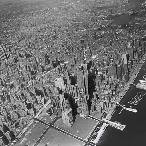 Image similar to aerial view of new york in 1940 with the sky full of zeppelins