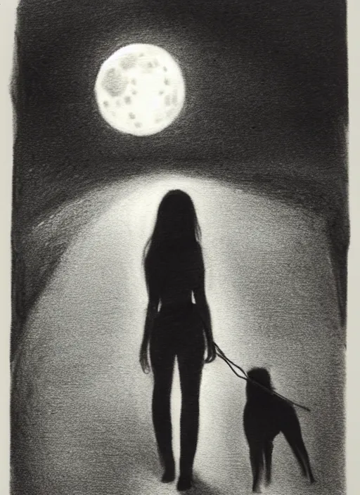 Prompt: young brown woman walking her dog in a park at night with a full moon charcoal drawing