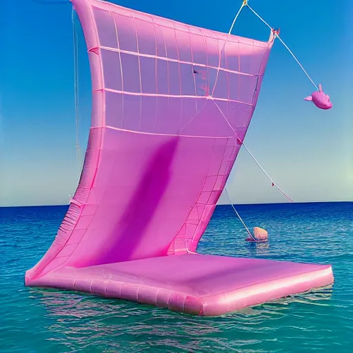 Image similar to a pastel colour high fidelity wide angle Polaroid art photo from a holiday album at a seaside of a large luxury pink ship in the sea surrounded by abstract inflatables parachute art, all objects made of transparent iridescent Perspex and metallic silver, a grid of sun beds iridescence, nostalgic