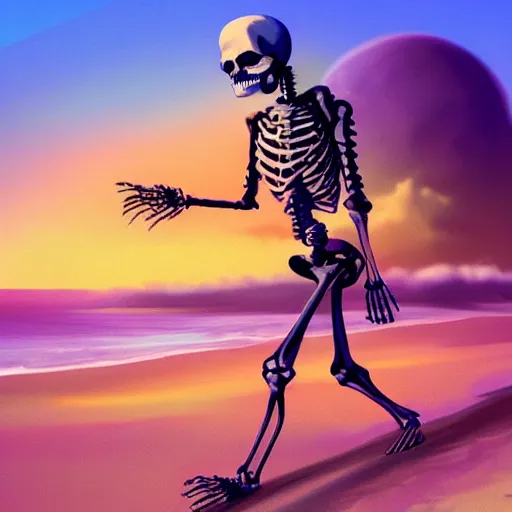 Prompt: Beautiful digital painting portrait of relaxed skeleton walking on the tropical beach with nuclear bomb explosion in the background, high quality, trending on Artstation, realistic, tropical color scheme, anatomically correct skeleton, high coherence, clear blue sky