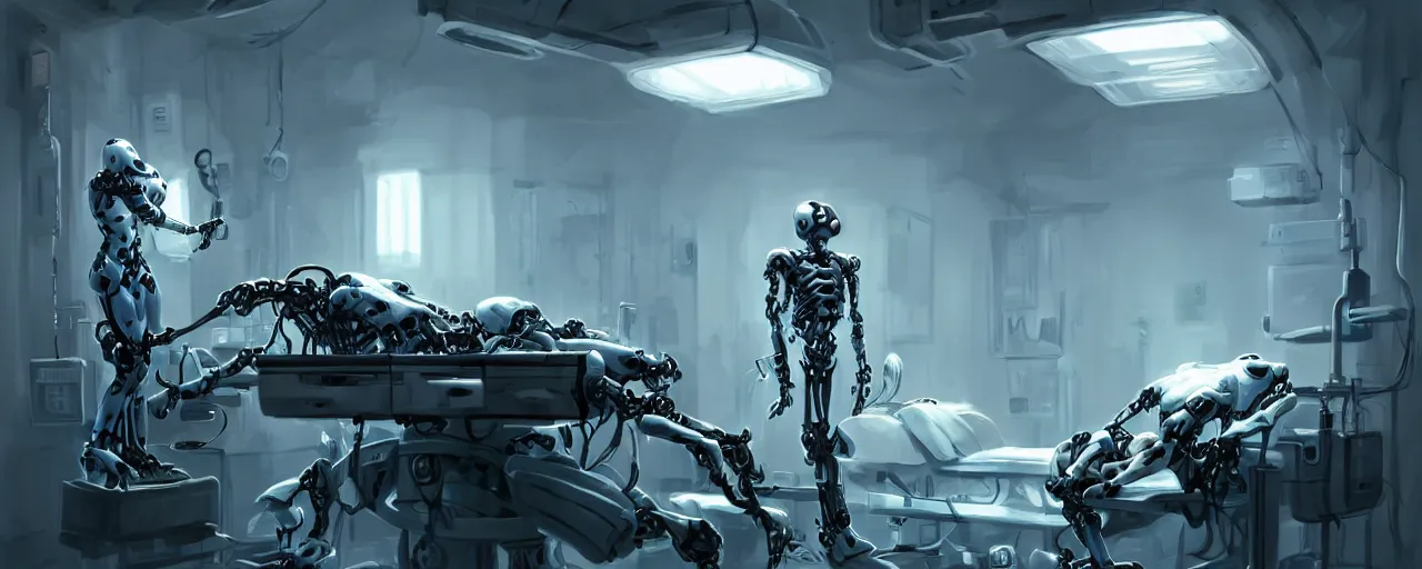 Image similar to an intricate concept art of a man in the hospital as experimental mechanical robot, concept art, style by dylan cole and tyler edlin art, hyper realistic, sci - fi, environment design, low - angle shot, unreal engine, epic lighting,