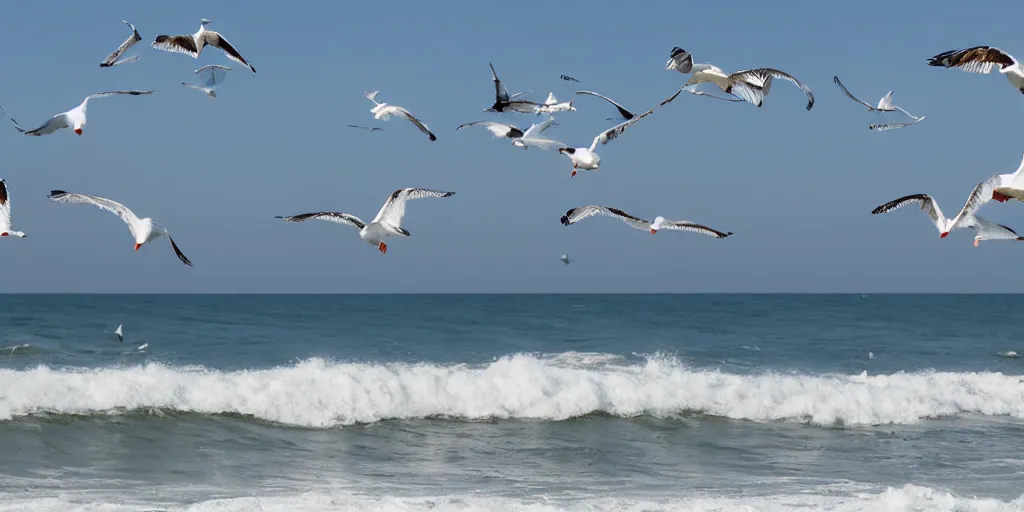 Image similar to seagulls flying above a rough surf