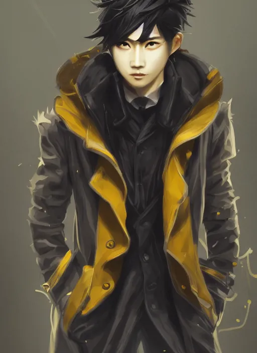 Image similar to a highly detailed illustration of young attractive japanese guy wearing black detective coat, yellow eyes, dramatic standing pose, hyperdetailed perfect face, perfect eyes, intricate, elegant, highly detailed, centered, digital painting, artstation, concept art, smooth, sharp focus, league of legends concept art, wlop.