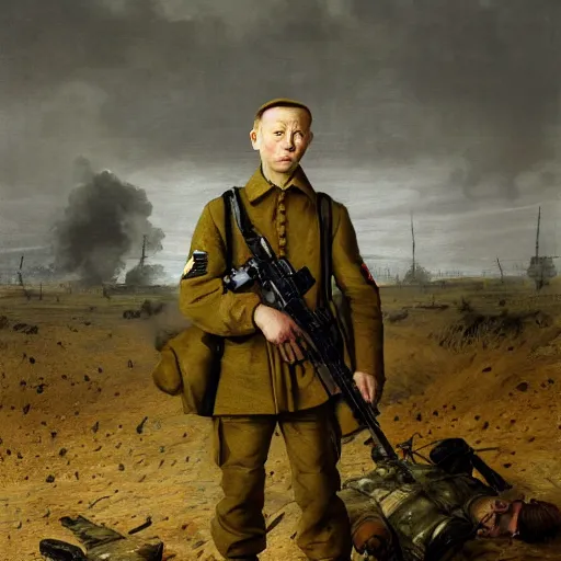 Image similar to scared shell-shocked soldier in uniform, war and explosions in the background, ptsd, world war, hell on earth, no mans land, artwork by Jan van Goyen and Jacob van Ruisdael and Hendrik Kerstens, artstation, award winning, 4k