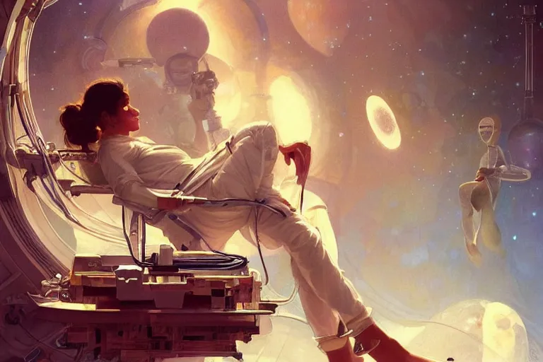 Image similar to Sensual good looking pale young Indian doctors wearing jeans in a space station above Earth performing surgery, portrait, elegant, intricate, digital painting, artstation, concept art, smooth, sharp focus, illustration, art by artgerm and greg rutkowski and alphonse mucha