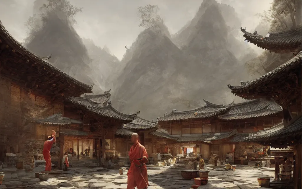 Prompt: shaolin village, sharp focus, wide shot, trending on artstation, masterpiece, by greg rutkowski, by ross tran, by fenghua zhong, octane, soft render, oil on canvas, colorful, cinematic, environmental concept art