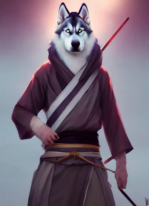 Image similar to beautiful portrait of a male anthro husky wearing samurai kimono. character design by charlie bowater, ross tran, artgerm, and makoto shinkai, cinematic, detailed, soft lighting, rendered in octane