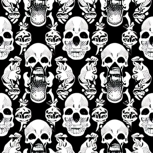 Image similar to seamless pattern showing skulls. black and white, drawing, white background, seamless, ornament.