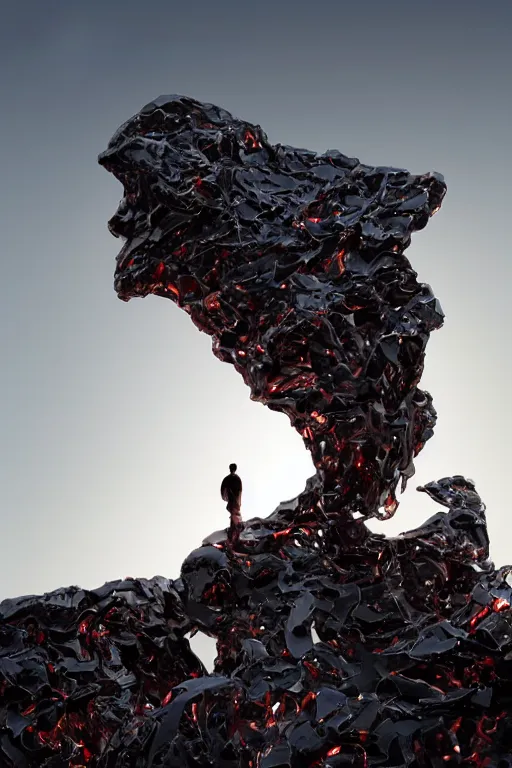 Image similar to realistic 8k Sculpture of random jagged reflective metal pieces forming the shape of a person silhouetted by a red sun, smooth, sharp focus, 24mm lens, DOF, hyper realistic, art by Greg Rutkowski and Ruan Jia