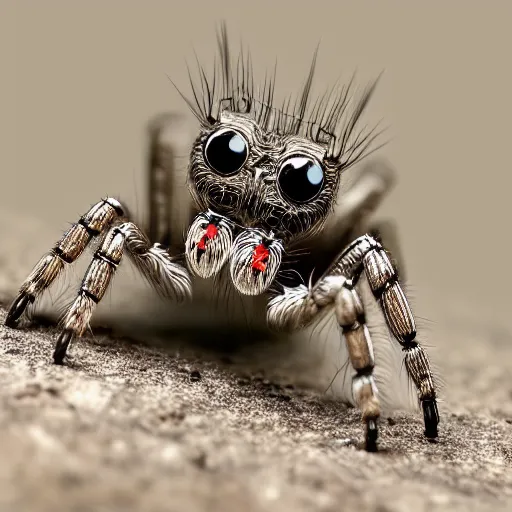 Prompt: cyborg jumping spider, mechanical legs