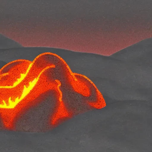 Prompt: a baby lava creature, dark grey stone, orange glowing lava, volcano in the background, very detailed