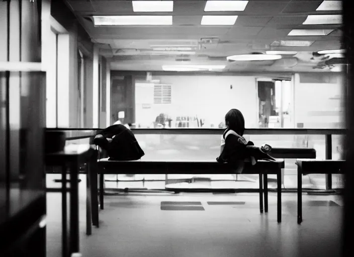 Image similar to photograph of an emo girl sitting in a cafeteria, 2006, yellow fluorescent lighting