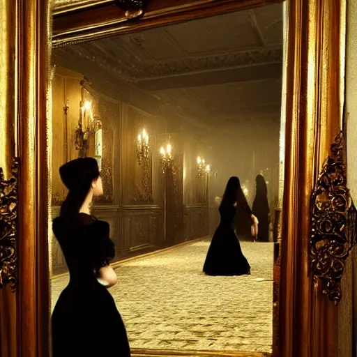 Prompt: a beautiful victorian woman is frightened by her doppleganger in a mirror. she is in a long hallway of mirrors. victorian interior, with many mirrors, twins, elegant design, haunting atmosphere, dark lighting, gothic, horror style, scary, swirling fog, volumetric lighting, by greg rutkowski, realistic, dutch angle, 3 / 4 view.