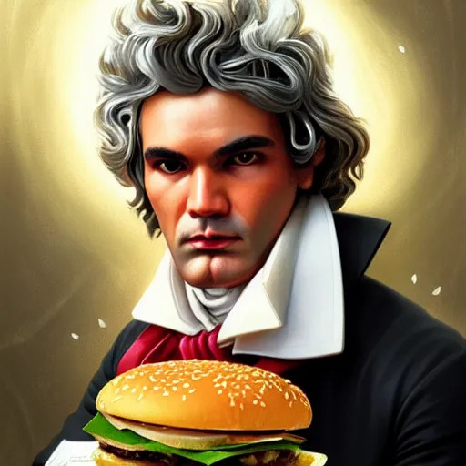 Prompt: portrait of beethoven eating hamburgers, extra onions and ketchup, luscious patty with sesame seeds, feminine ethereal, handsome, d & d, fantasy, intricate, elegant, highly detailed, digital painting, artstation, concept art, matte, sharp focus, illustration, art by artgerm and greg rutkowski and alphonse mucha