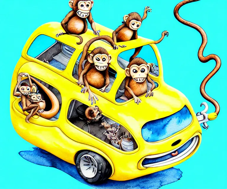 Image similar to cute and funny, monkey riding in a tiny banana boat bus, ratfink style by ed roth, centered award winning watercolor pen illustration, isometric illustration by chihiro iwasaki, edited by craola, tiny details by artgerm and watercolor girl, symmetrically isometrically centered