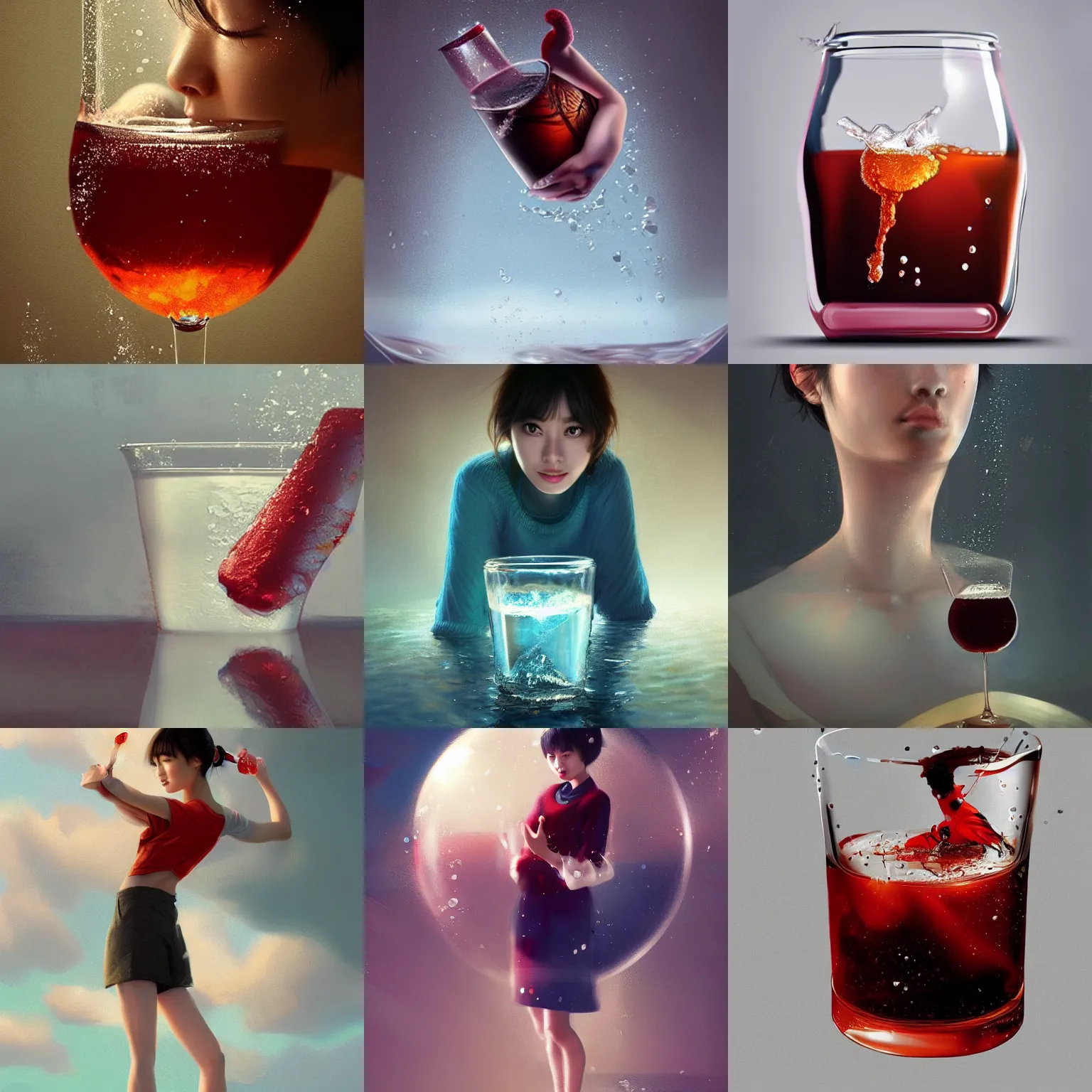 Prompt: suzu Hirose floating in a glass of coke with condensation, digital art by Mandy Jurgens, Irina French, Heraldo Ortega, hyperdetailed, artstation, cgsociety