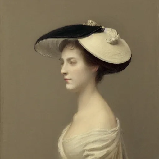 Image similar to woman with hat, side view, wedding dress, by jules - joseph lefebvre