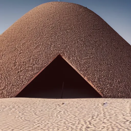 Prompt: a building buried in a desert dune, surreal, neon lights, james turrel, minimalist architecture,