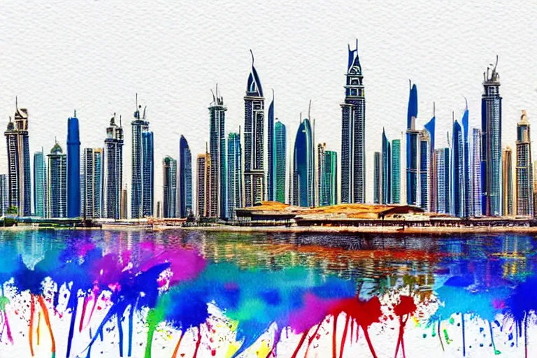 Image similar to a watercolor painting of dubai city skyline, poster art by fikret mualla saygı, featured on behance, modern european ink painting, cityscape, behance hd, stockphoto