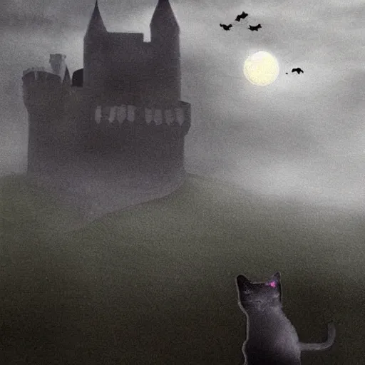 Prompt: a dark vallcy with a huge gloomy castle, fog. a little boy and a black cat