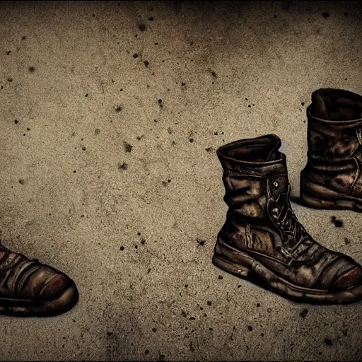 Prompt: post apocalyptic used boots, grunge, old and dirt, photorealistic, hyper detailed, 4 k