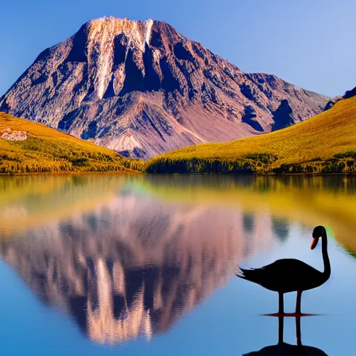 Image similar to photo of two black swans touching heads in a beautiful reflective mountain lake, a colorful hot air balloon is flying above the swans, hot air balloon, intricate, 8k highly professionally detailed, HDR, CGsociety