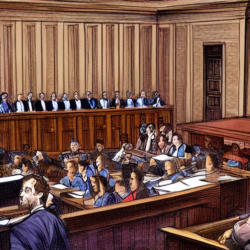 Image similar to Digital art about a huge courtroom with lots of people. The defendant and the accused are on a floating platform. Fantastic detail, astonishing composition, award winning.