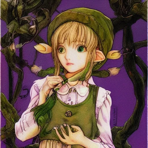 Image similar to little elf tomboy, purple tunic, soft hair. light color palate, detailed soft painting, ayami kojima, made in abyss, anatomically correct, inspired in balthus