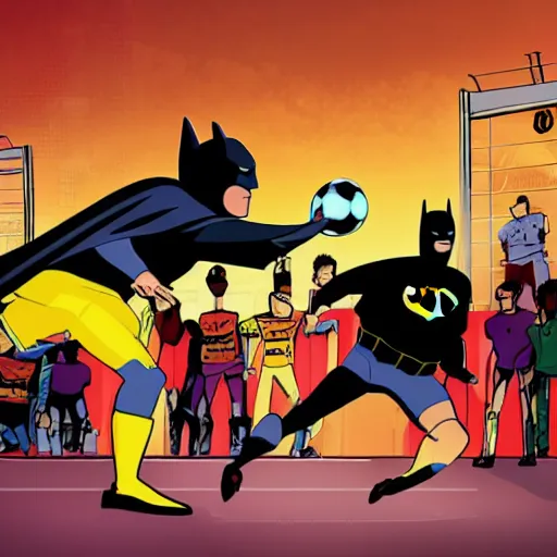 Image similar to batman playing soccer in a crowded space stadium with neon lighting hyperrealistic