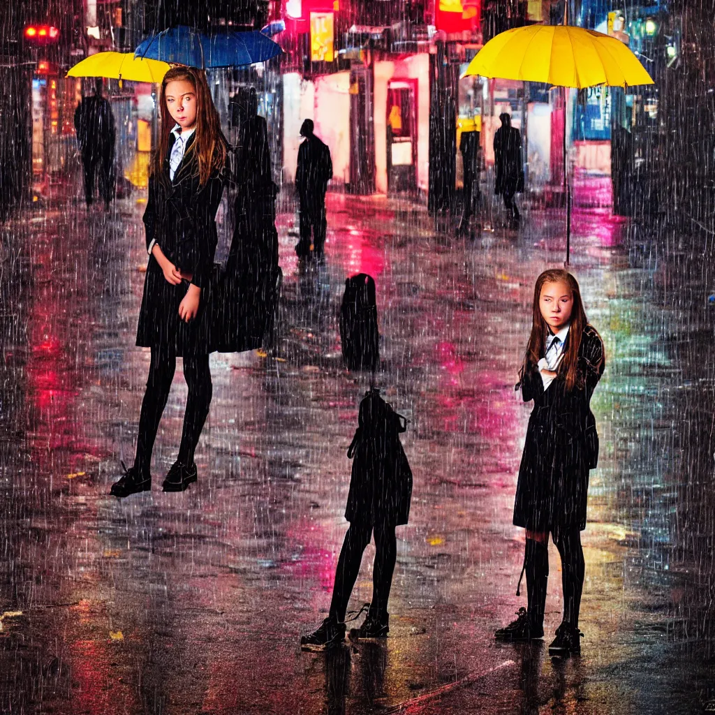 Image similar to night flash portrait photography of a high school girl in uniform on the lower east side by annie leibovitz, colorful, nighttime!, raining!