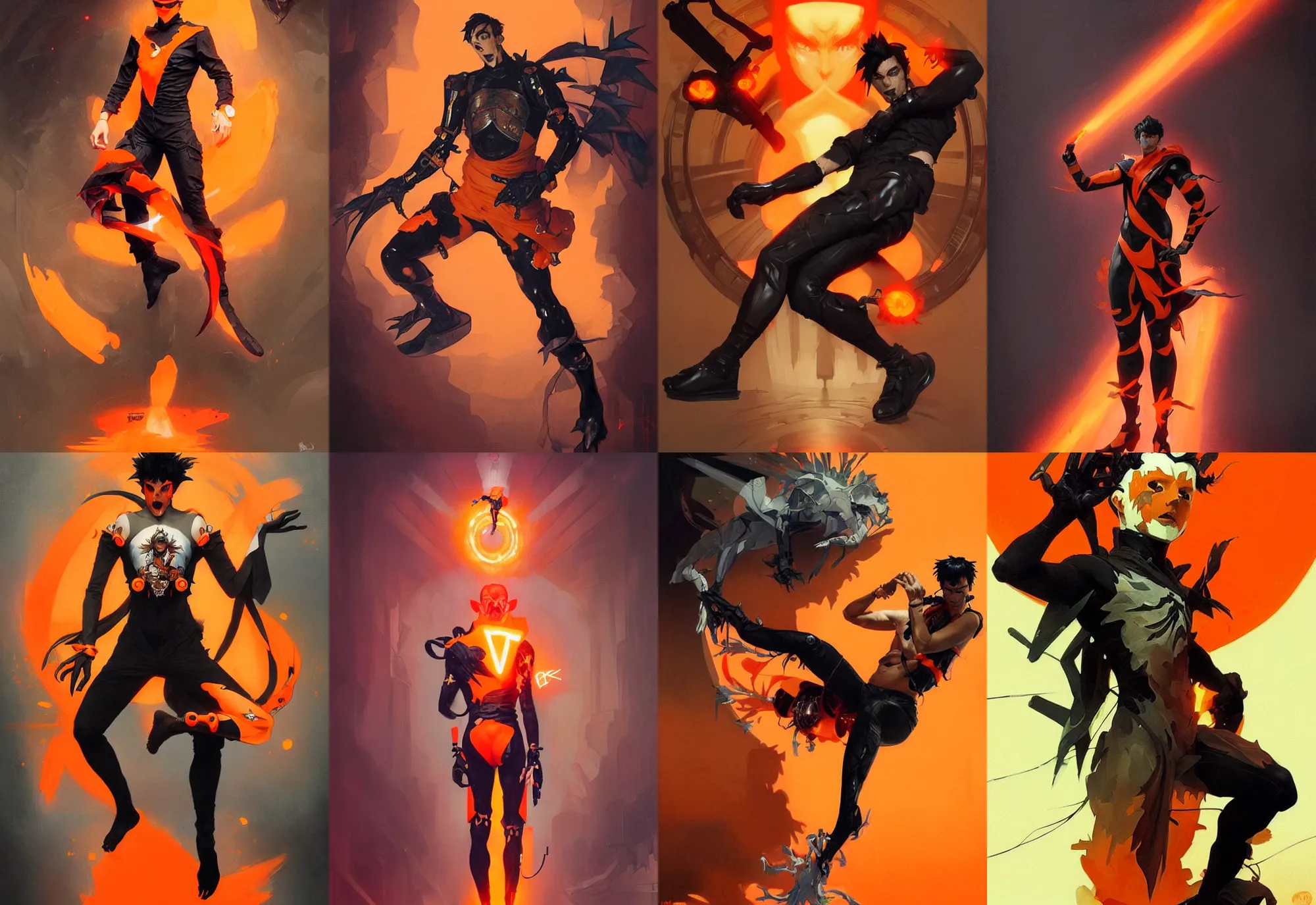 Prompt: a mad guy with spike black hair, orange spike aura in motion, orange fighter suit, strap on hand, painted artgerm and greg rutkowski and alphonse mucha, trending on artstation