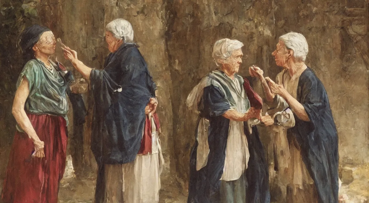 Image similar to one old woman giving a jewel to one young man