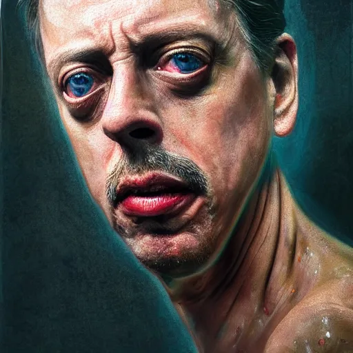 Image similar to hyperrealistic mixed media high resolution painting of a Steve Buscemi, stunning 3d render inspired art by István Sándorfi and Greg Rutkowski, perfect symmetry, dim volumetric lighting, 8k octane beautifully detailed render, post-processing, extremely hyper-detailed, intricate, epic composition, highly detailed attributes, highly detailed atmosphere, cinematic lighting, masterpiece, trending on artstation, very very detailed, masterpiece, stunning, flawless structure, lifelike texture, perfection,