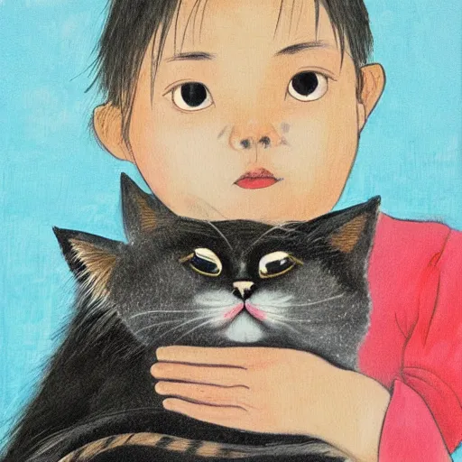 Image similar to a child attempts to hold an extremely angry cat, lowbrow painting by 奈 良 美 智