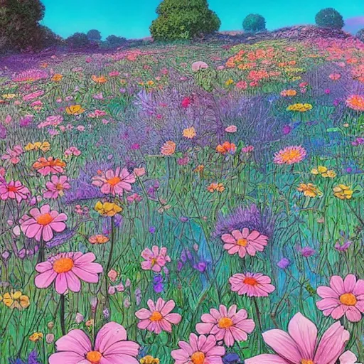 Prompt: a beautiful painting of a studio ghibli scene in a field of flowers by android jones, studio ghibli art, color gradient shading