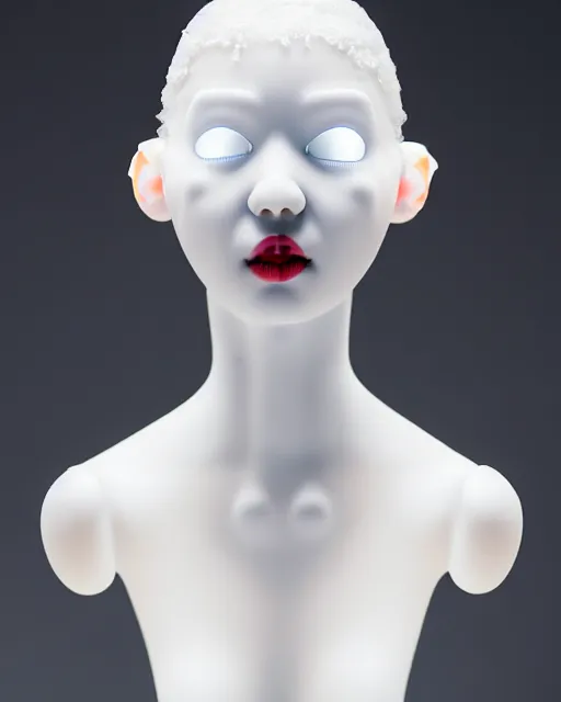 Image similar to portrait of a woman wearing a white embroidered translucent silicone mask and white red frizzy hair buns, wearing a silicone white bodysuit, white background, soft diffused light, biotechnology, kinetic sculpture, humanoide robot, translucent, intricate details, highly detailed, highly complex masterpiece