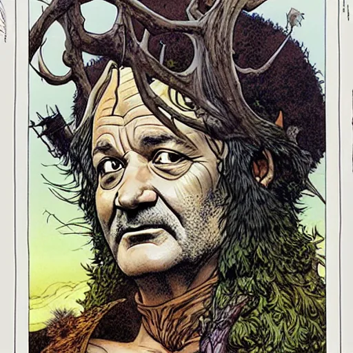 Image similar to a realistic and atmospheric portrait of bill murray as a druidic warrior wizard looking at the camera with an intelligent gaze by rebecca guay, michael kaluta, charles vess and jean moebius giraud