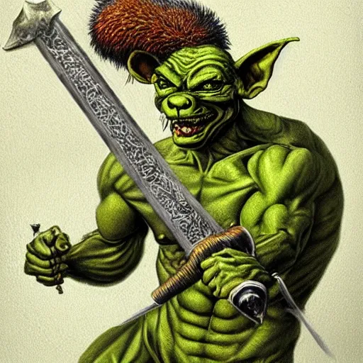 Image similar to dog - faced muscular goblin, ugly face, lizard tail, holding scimitar made of bone, scimitar, sword, jagged sword, curved sword, orkish sword, colorized, green skin, hyper - detailed, primeval fantasy, prehistoric fantasy, art by jacques - louis david