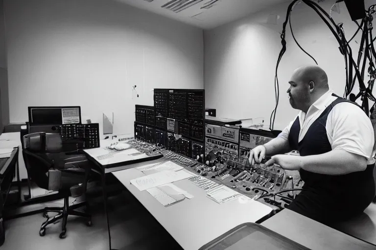 Prompt: heavyset bald man wearing a white shortsleeved shirt and blue jeans working in a nuclear silo control room by Emmanuel Lubezki