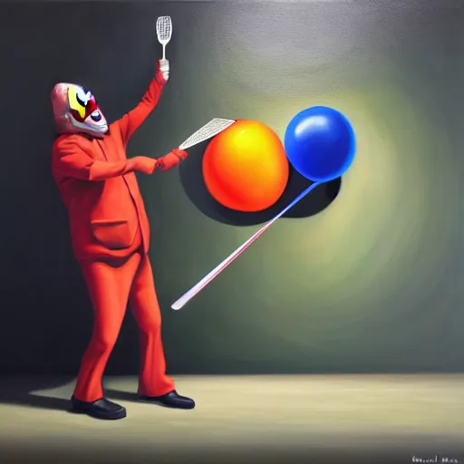 Prompt: hyperrealism painting from the housefly perspective getting swatted at from an angry clown man with a fly swatter in the kitchen