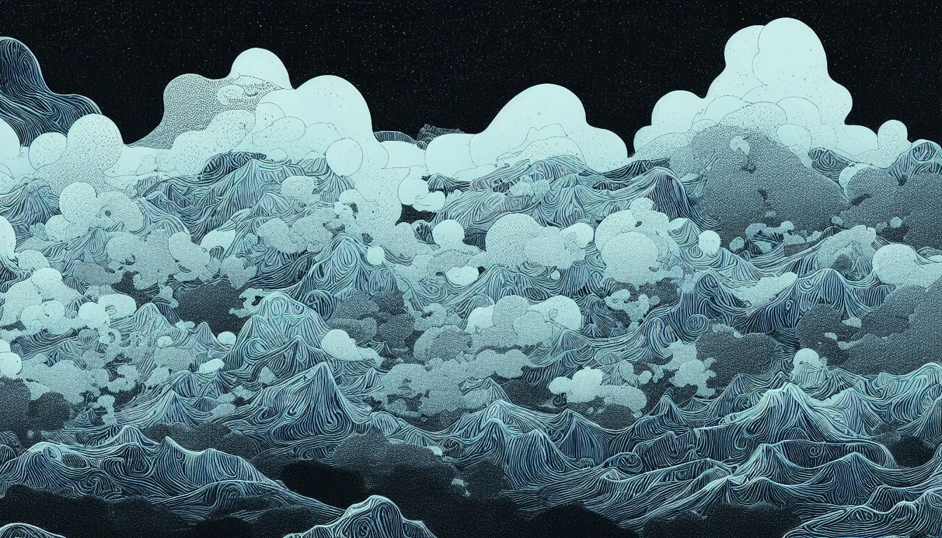 Image similar to clouds beneath mountain peaks by nicolas delort, moebius, victo ngai, josan gonzalez, kilian eng