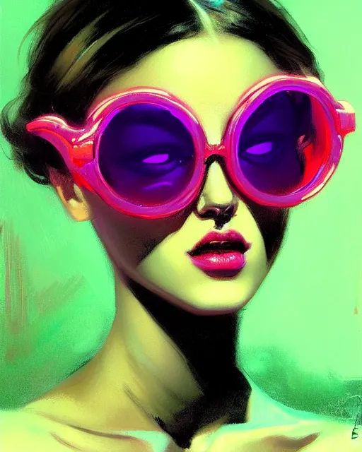 Prompt: painted close - up portrait of a neon sensual bunny girl. oil painting, wearing neon sunglasses, fantasy art by greg rutkowski and john singer sargent and gaston bussiere, demon noble character design