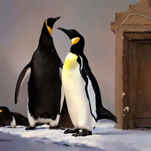 Image similar to penguins in copenhagen, epic rim lighting, digital art oil painting by norman rockwell trending on artstation