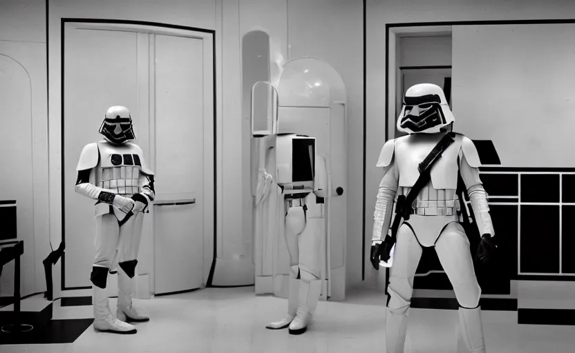 Prompt: cinematic still image portrait of an imperial officer in a lavish imperial empire mid century design room, imperial officers in white, imperial guards stand by door, scene from 1 9 8 0 s empire strikes back, 3 5 mm imax, moody iconic scene, action scene, beautiful detailed scene, color kodak, directed by kubrick