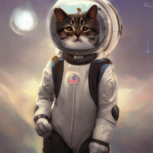 Image similar to head and shoulders masterpiece portrait of a cute adorable cat wearing a spacesuit, surreal background, digital art by krenz cushart, trending on artstation, cgsociety,