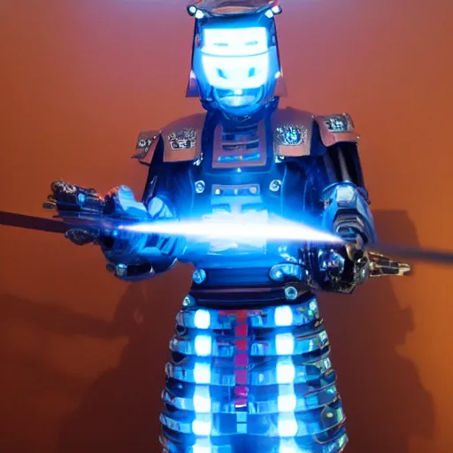 Prompt: photo of a cybernetic samurai with leds and laser weapons