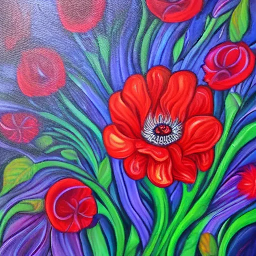 Prompt: eldritch oil painting of a red flower by jeremiah ketner