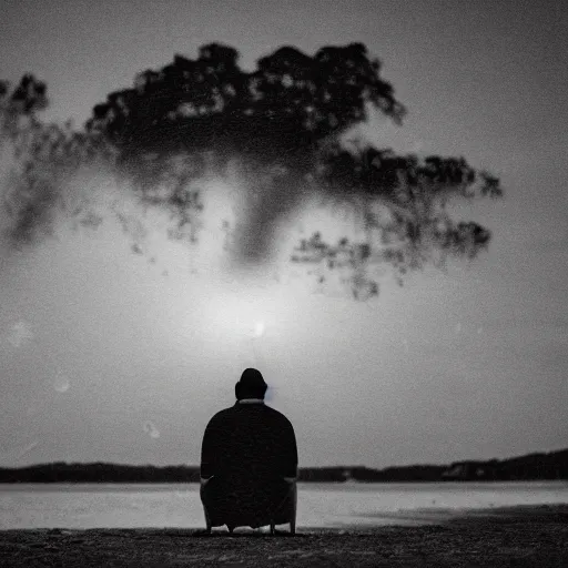 Prompt: a man sits on the beach by a lake on a moonless night, throwing pieces of his life into a fire. a great shapeless creature of darkness is drawn across the water to the light.