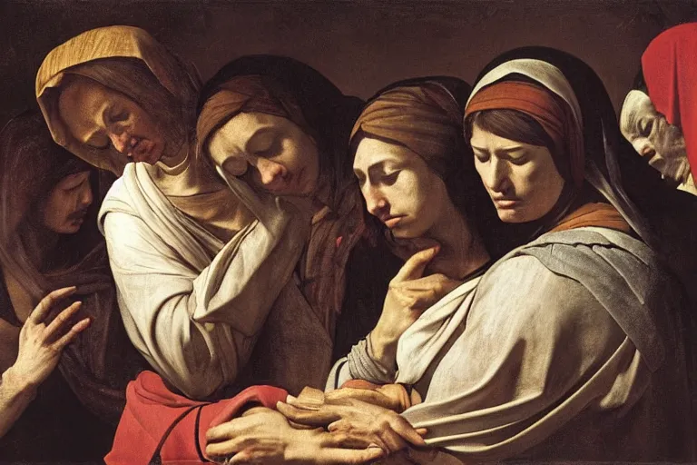 Image similar to 3 women mourning at the tomb of christ, caravaggio, rubens