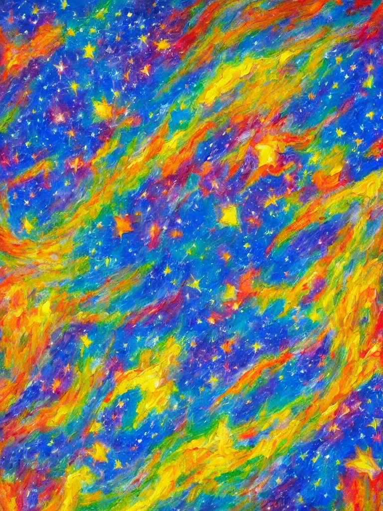 Image similar to an impasto oil painting of the universe expanting infinite with bright colors and shooting stars